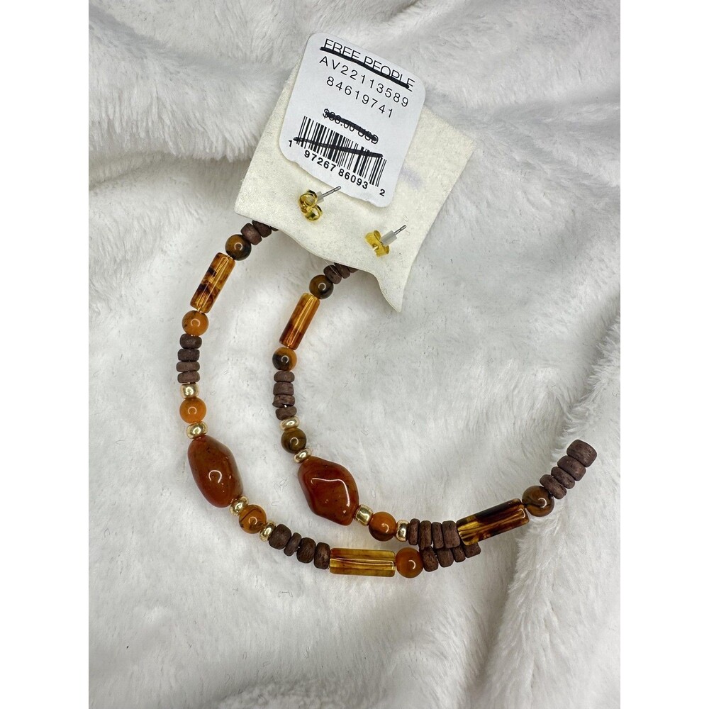 NEW Free People Beaded Hoop Earrings Set Brown Gold Tone Bohemian Beads Chic - Picture 3 of 3